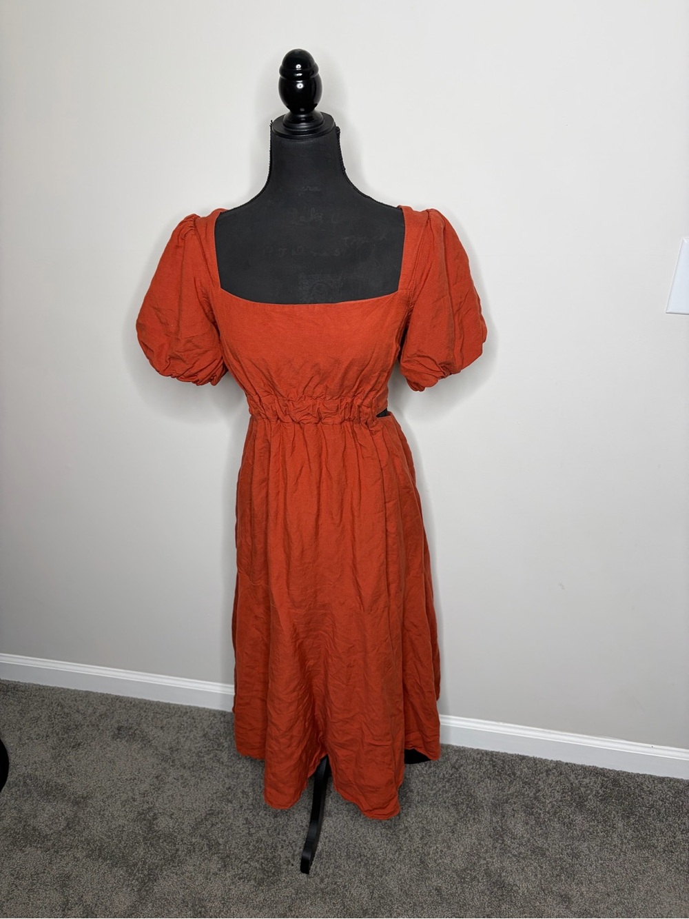 Astr Rust Orange Puff Sleeve Poplin Tiered Midi Dress milkmaid Farmcore smock